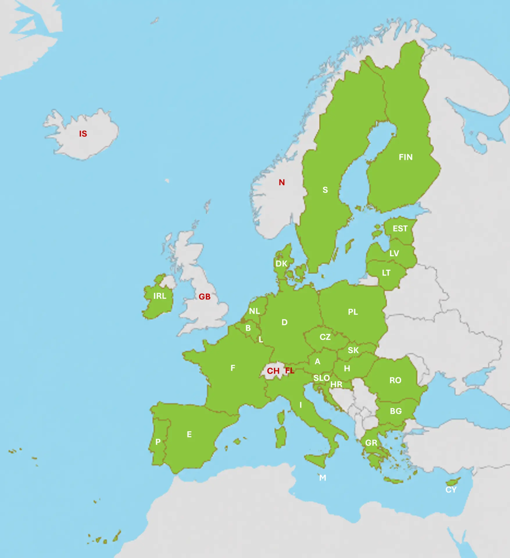 Kaart van Europa met de EER/EFTA-landen, waaronder België (B), Luxemburg (L) en Nederland (NL)